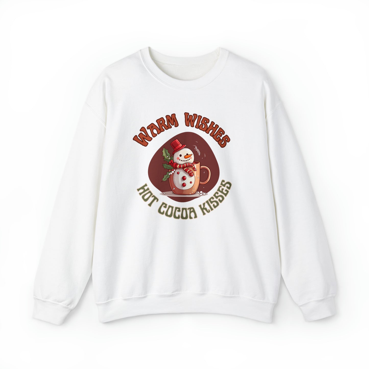 Cozy Christmas sweatshirt with 'Warm Wished Hot Cocoa Kisses' design featuring a steaming cup of hot cocoa and marshmallows in a white sweatshirt