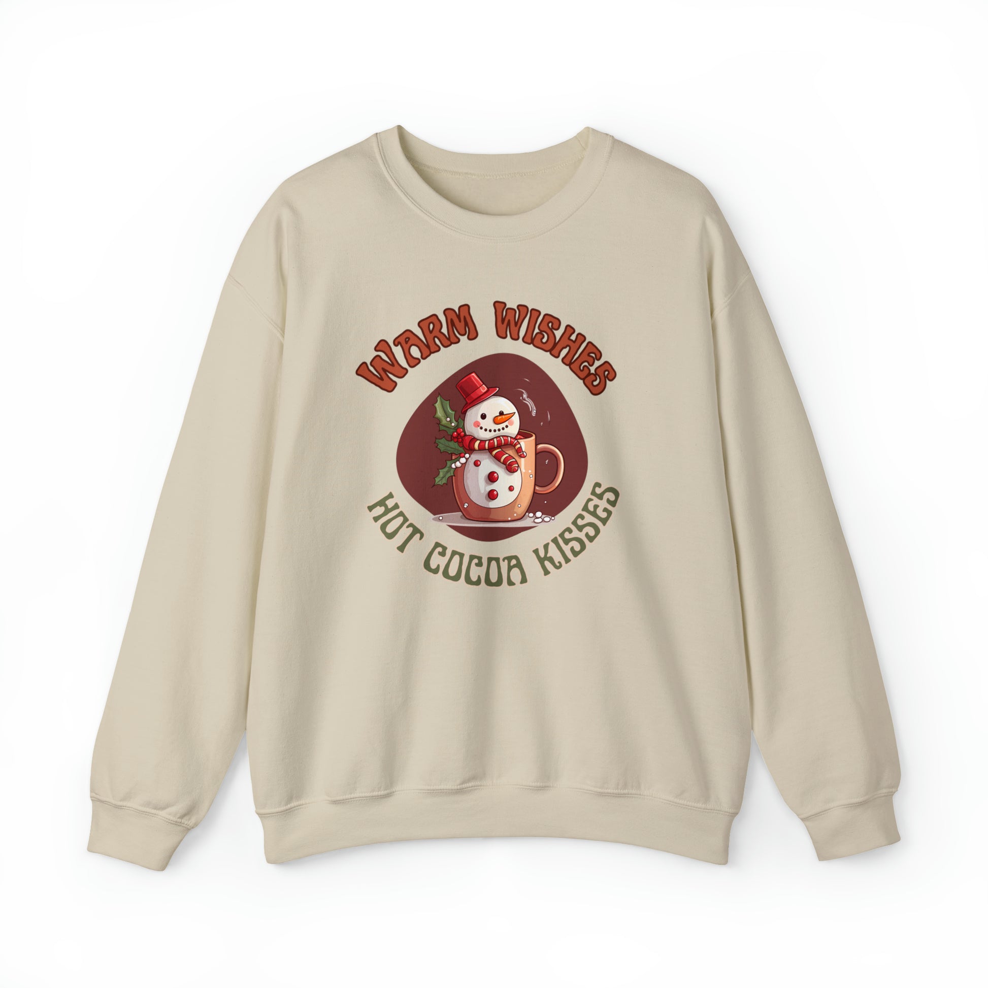 Cozy Christmas sweatshirt with 'Warm Wished Hot Cocoa Kisses' design featuring a steaming cup of hot cocoa and marshmallows in a sand color sweatshirt