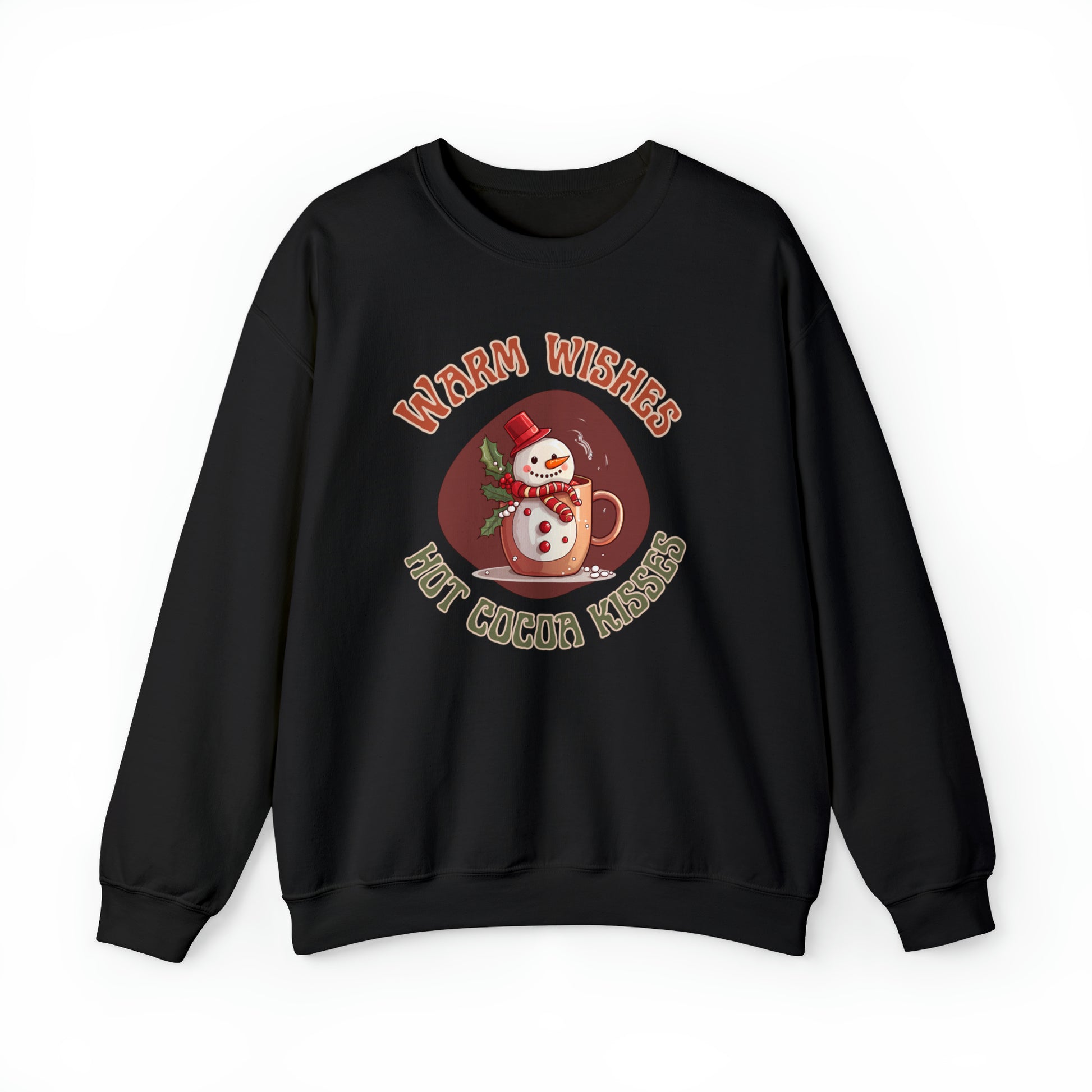 Cozy Christmas sweatshirt with 'Warm Wished Hot Cocoa Kisses' design featuring a steaming cup of hot cocoa and marshmallows in a black sweatshirt