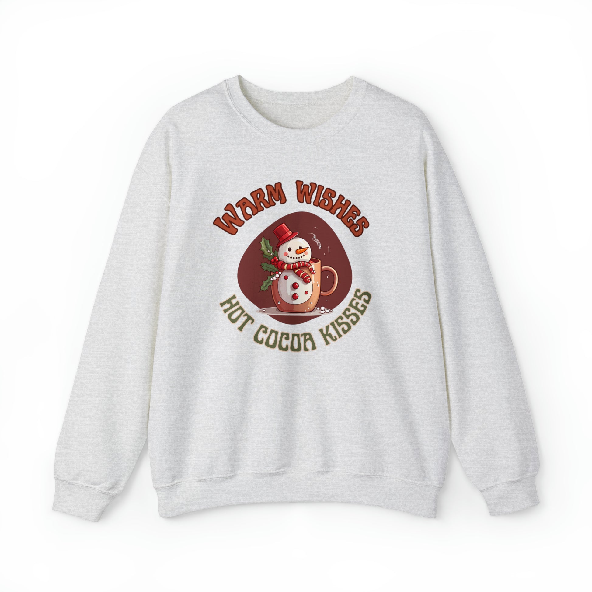 Cozy Christmas sweatshirt with 'Warm Wished Hot Cocoa Kisses' design featuring a steaming cup of hot cocoa and marshmallows in a white sweatshirt